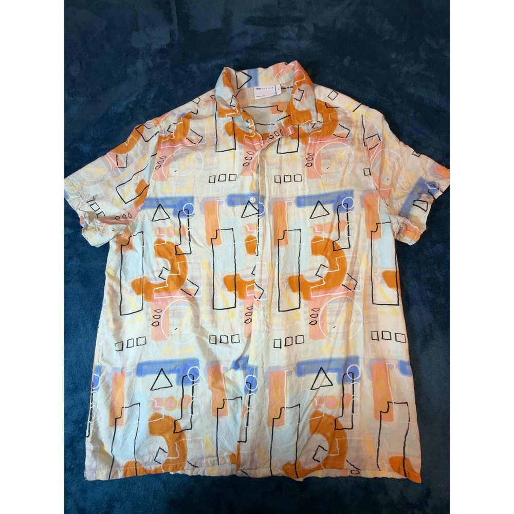 ASOS DESIGN Mens Abstract Geometric Print Short Sleeve Button Down Shirt Medium